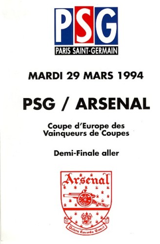 Ticket De Match Vintage - PSG Vs ARSENAL - Coupe D'Europe C2 - Saison 1993/94