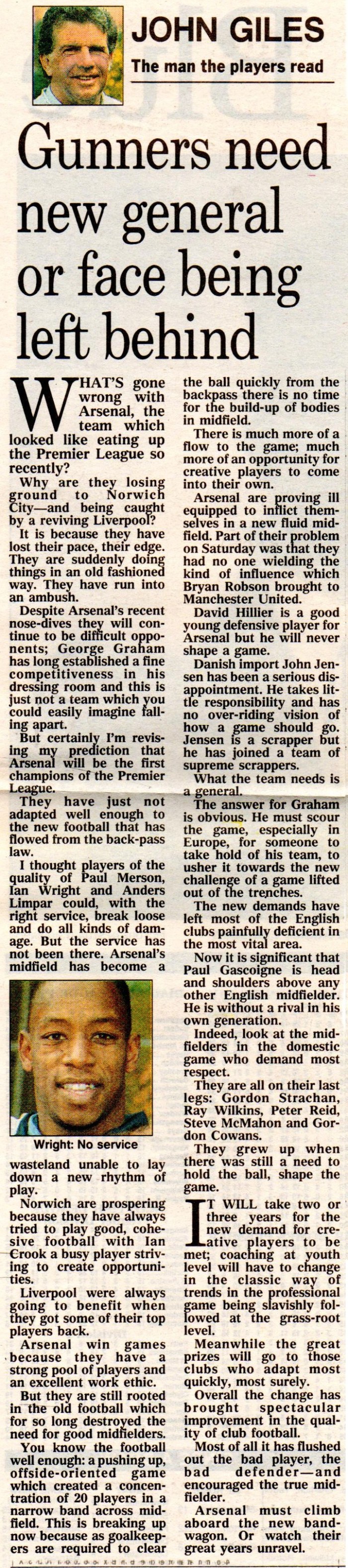 John Giles on Arsenal 1 Dec 1992