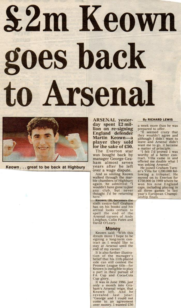 Keown returns to Arsenal 2Feb93001