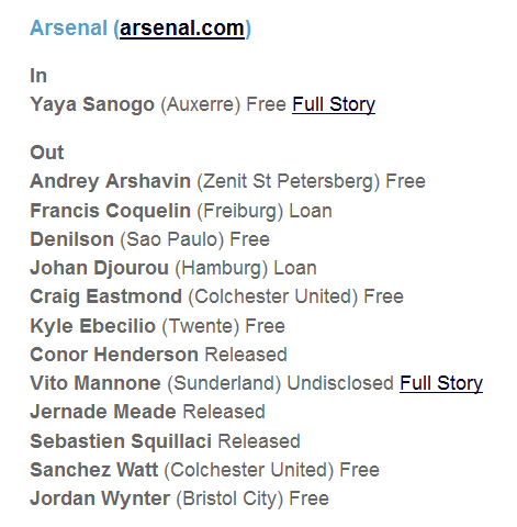 Arsenal ins and outs as at 10Jul13