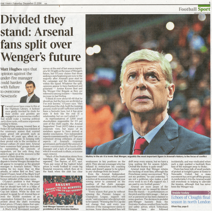 Matt Hughes The Times on Arsenal fans divide 121214